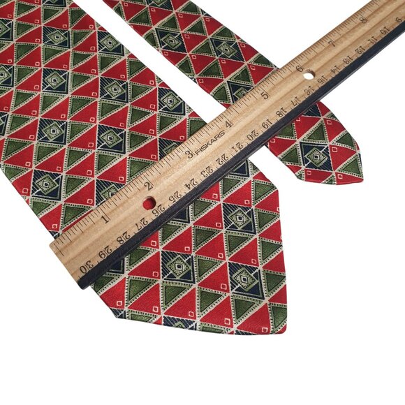 Vintage AKM All Silk Long Tie Italian Designer Office Dad Gift Red Green - Picture 3 of 5
